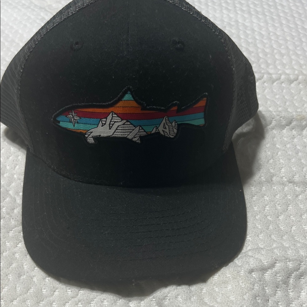 Black Trucker Hat with Colorful Fish Patch